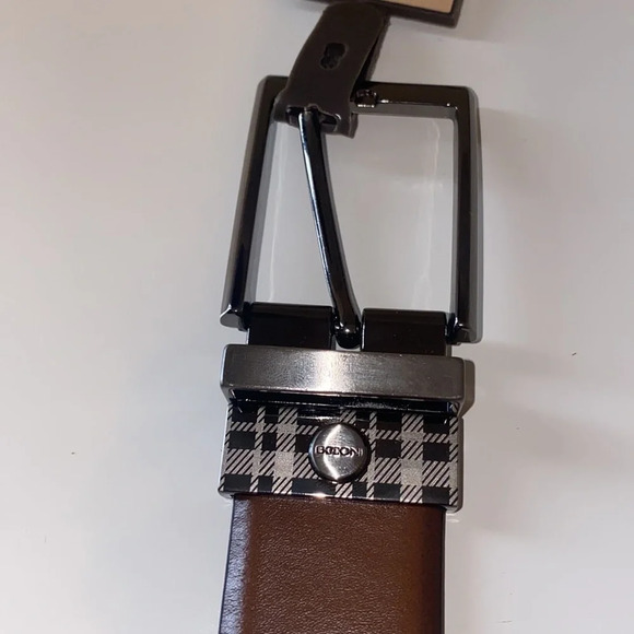 Boconi Reversible Black / Cognac Plaid About You Leather Belt - Picture 3 of 5